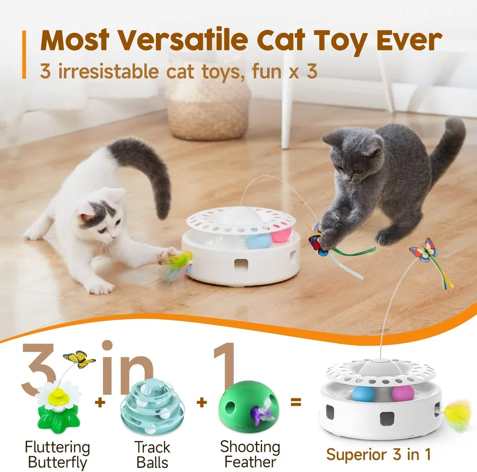 Cat Toys 3-in-1 Automatic Interactive Kitten Toy, Fluttering Butterfly, USB Random Moving Ambush Feather Cat Toys