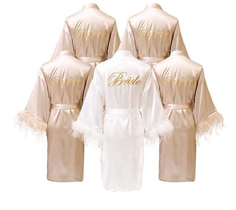 Personalized Ladies Bridal Party Feather Pajamas Wedding Robes for Bride Bridesmaids