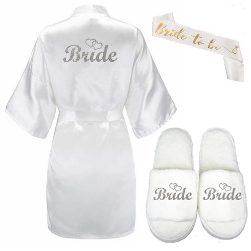 3pc set of glitter gold bride satin short bride robe slippers bridal sash peignoir rose gold women Bridal Party 2019 kimono robe