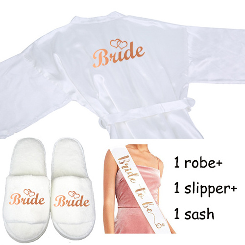 3pc set of glitter gold bride satin short bride robe slippers bridal sash peignoir rose gold women Bridal Party 2019 kimono robe