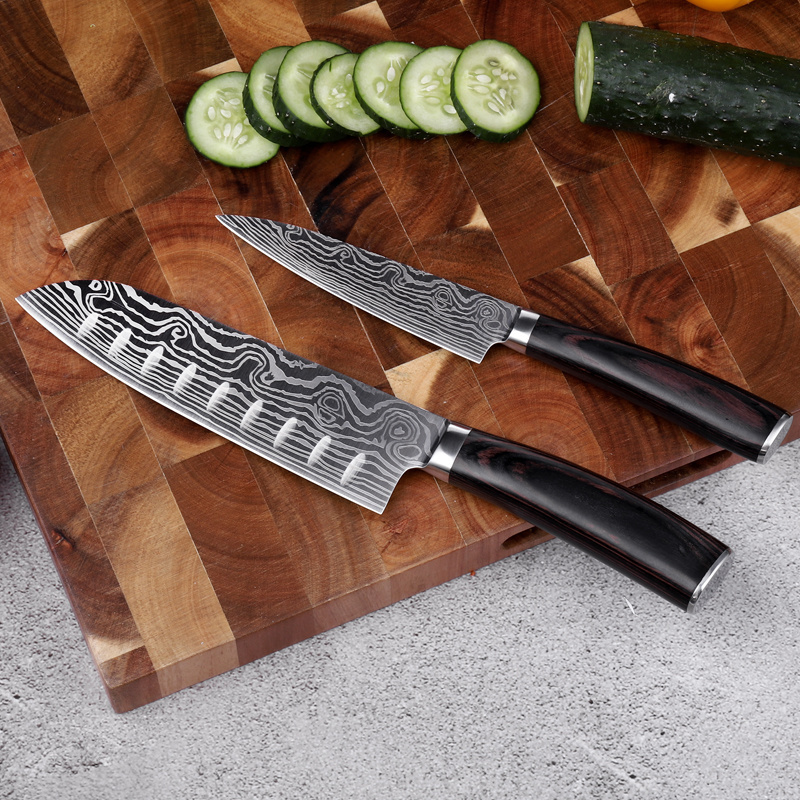 New Products Japan Kitchen Knife Set Laser Damascus Steel Knives 8 Inch Chef Santoku Utility Slicer Knife