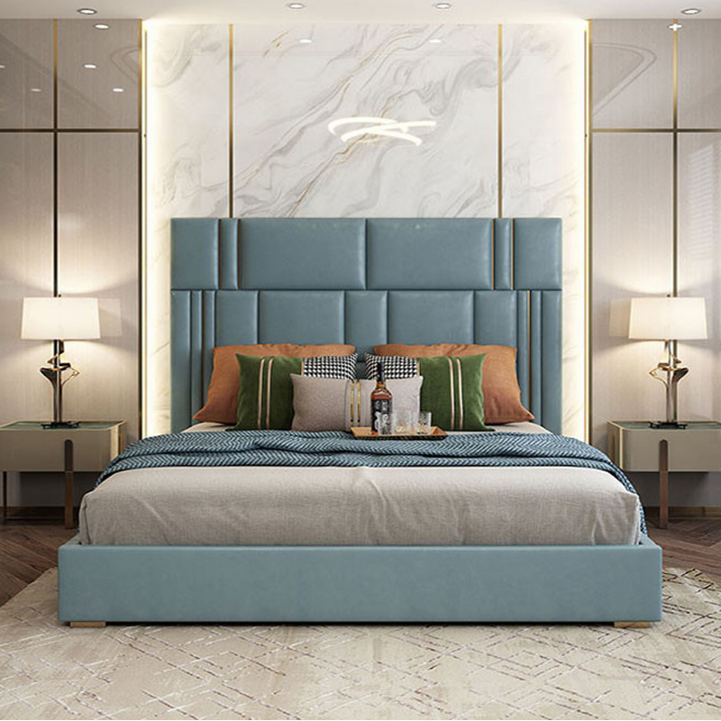 King Queen Size Beds Italian Luxury Leather Minimalist Bedroom Set Headboard Luxurious Upholstered Light Blue Bed Design