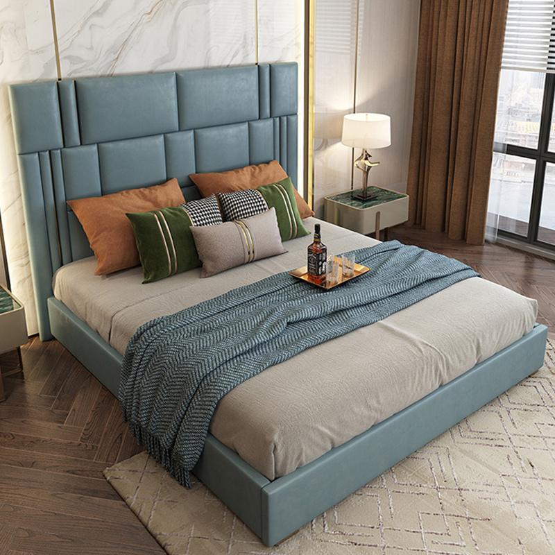 King Queen Size Beds Italian Luxury Leather Minimalist Bedroom Set Headboard Luxurious Upholstered Light Blue Bed Design