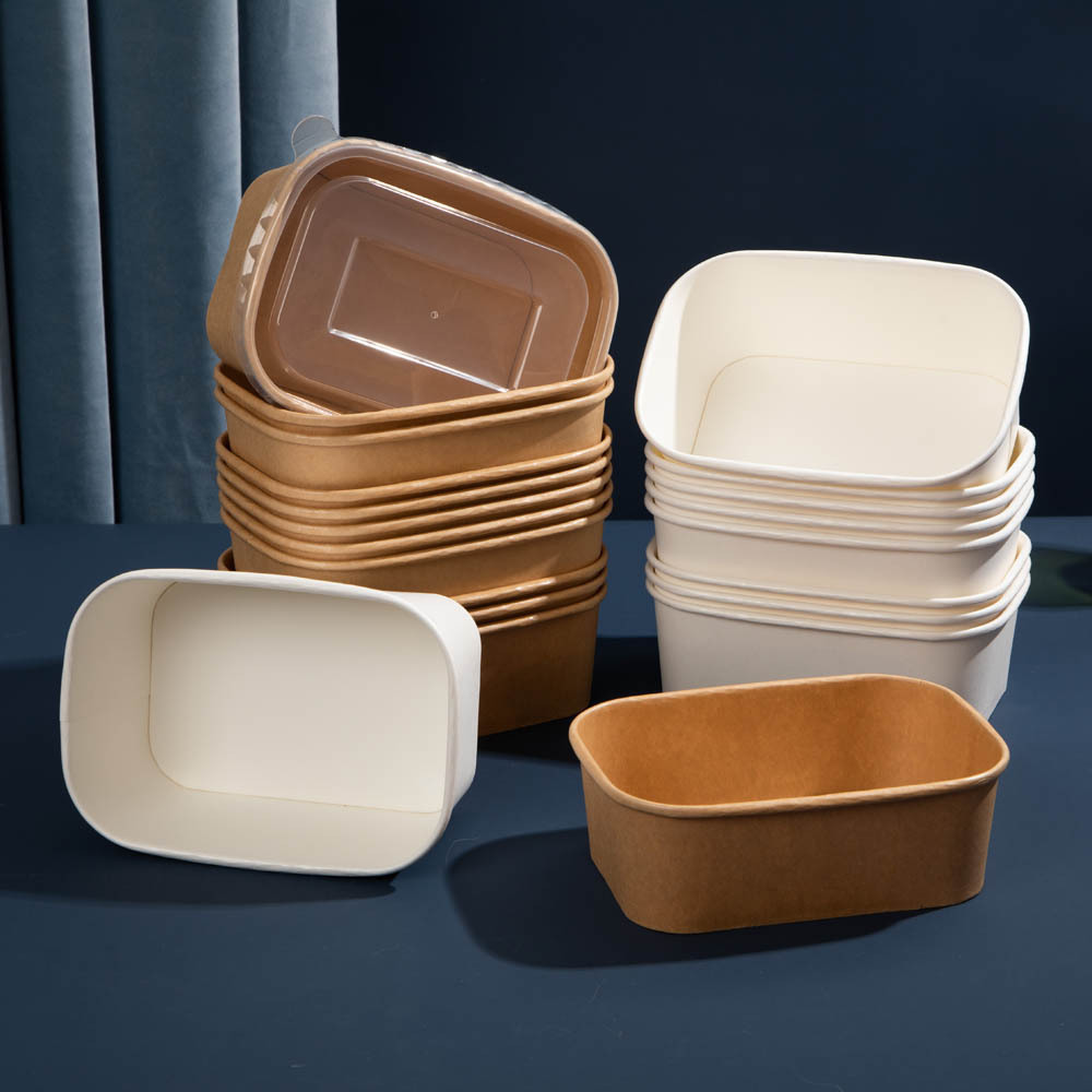 Kraft  Paper Bowl Takeout Boxes Disposable For Salad Bamboo Pulp Rectangular Paper Food Bowl Container Supplier With Lid