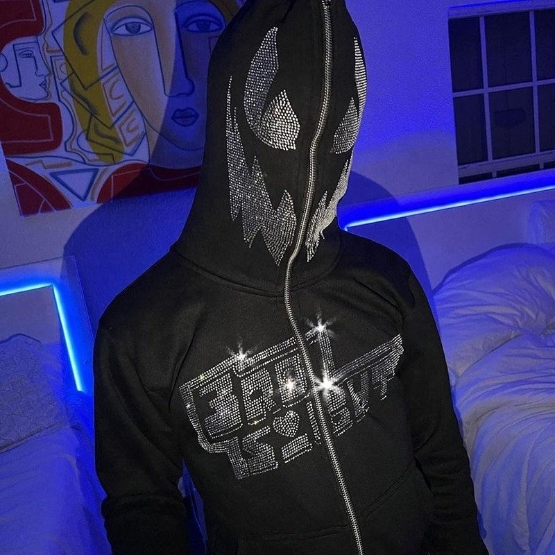 High Quality Custom Blank Logo Face Sweatshirts Heavyweight Black Full Zip Up Zipper Rhinestone Hoodie