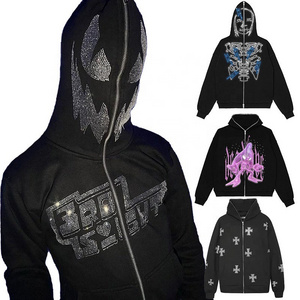 High Quality Custom Blank Logo Face Sweatshirts Heavyweight Black Full Zip Up Zipper Rhinestone Hoodie