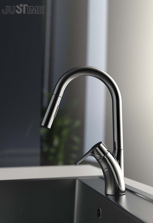 JUSTIME Single-Handle Mixer Kitchen Sink Faucet With Pull Down Sprayer Brass Chrome Plating