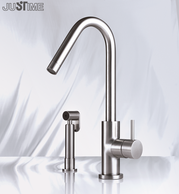 JUSTIME Single-Side-Handle Gooseneck Mixer Kitchen Mixer Faucet With Side Sprayer Stainless Steel Brushed