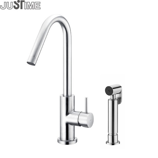 JUSTIME Single-Side-Handle Gooseneck Mixer Kitchen Mixer Faucet With Side Sprayer Stainless Steel Brushed