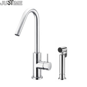 JUSTIME Single-Side-Handle Gooseneck Mixer Kitchen Mixer Faucet With Side Sprayer Stainless Steel Brushed