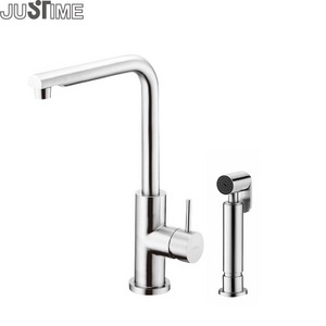 JUSTIME Single-Side-Handle L Shape Mixer Kitchen Sink Faucet With Side Sprayer Stainless Steel Brushed