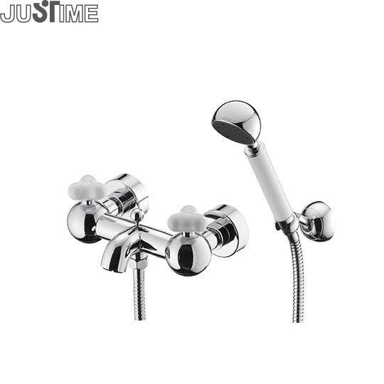 JUSTIME Ceramic Handle Brass Chromed Two-Handle Bath Shower Mixer Tap With Hand Shower