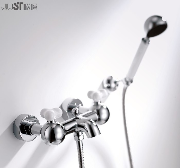 JUSTIME Ceramic Handle Brass Chromed Two-Handle Bath Shower Mixer Tap With Hand Shower