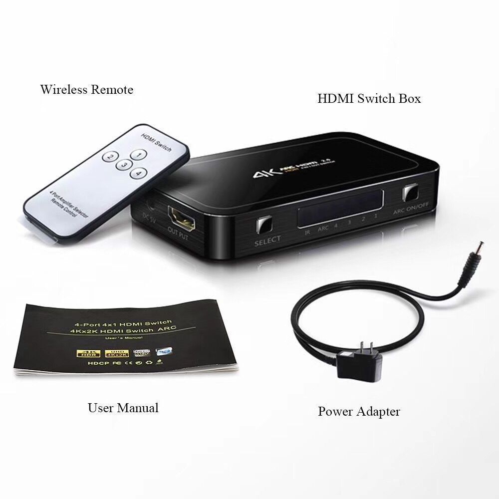 4K  HDR 4 Ports 4K 60Hz 4X1 HDMI Switch 2.0 Switcher Selector with IR Wireless Remote Supports HDCP 2.2 Ultra HD Vision