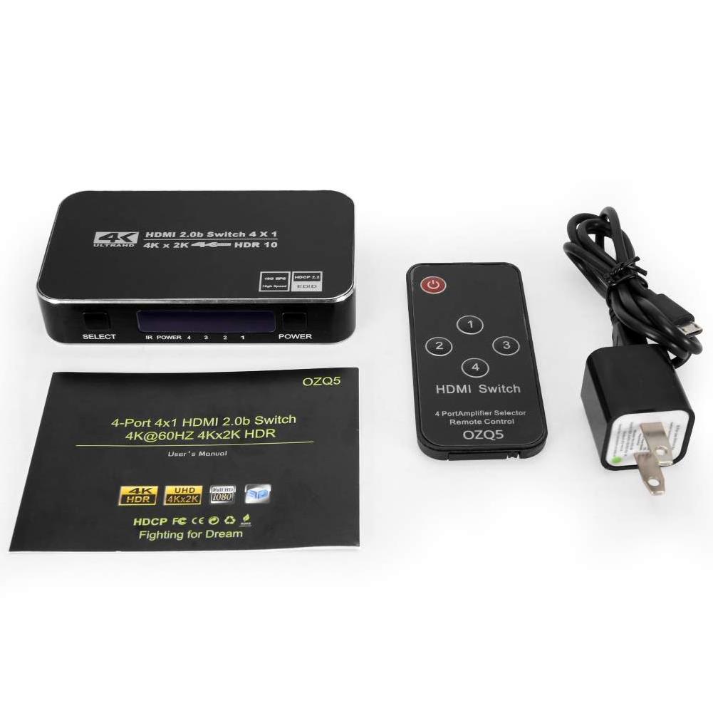 4K  HDR 4 Ports 4K 60Hz 4X1 HDMI Switch 2.0 Switcher Selector with IR Wireless Remote Supports HDCP 2.2 Ultra HD Vision