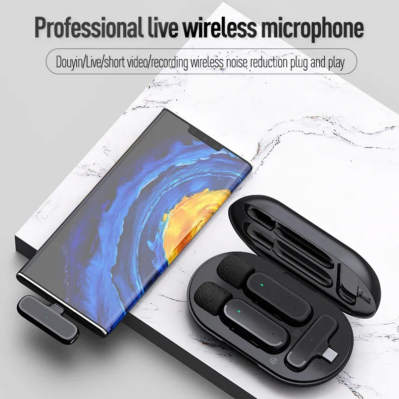 2023 New 2 in 1 Portable Mini Microphone 1 Drag 2 Microphone Lavalier 2.4GHz Wireless Recording Microphone for iPhone