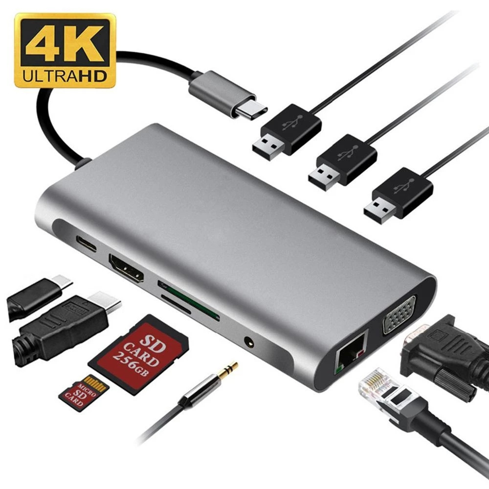 10 in 1 Hub Type C to HDMI  VGA Adapter RJ45 Lan Ethernet SD TF PD USB3.0 3.5mm Jack Audio Video USB c Hub Computer Accessories