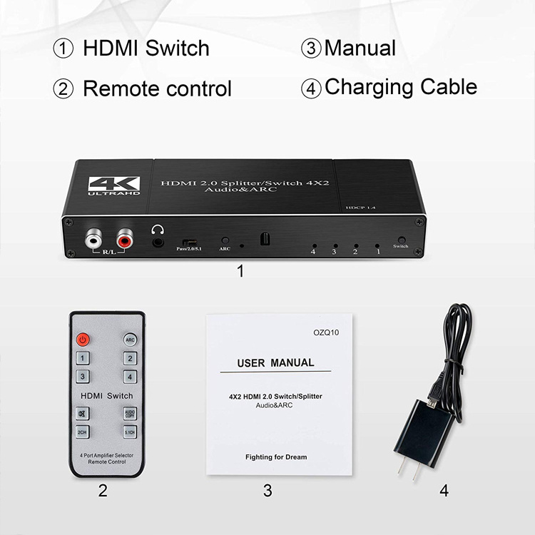 4x2 HDMI 2.0 Audio & ARC Switch 4 in 2 out HDMI Switcher Splitter with 3.5mm L/R Coaxial Optical Port with IR Remote Control