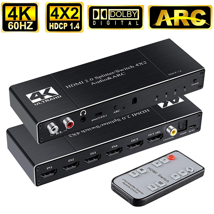 4x2 HDMI 2.0 Audio & ARC Switch 4 in 2 out HDMI Switcher Splitter with 3.5mm L/R Coaxial Optical Port with IR Remote Control