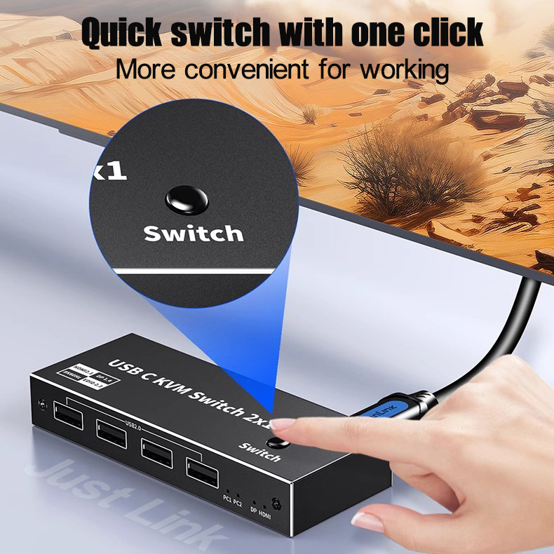 Justlink TYPE C KVM Switch 2x1 HDMI2.1+DP1.4 with 8K 60Hz 4K 144Hz 2-Port USB KVM HDMI Switch Rohs Certified DP Switch