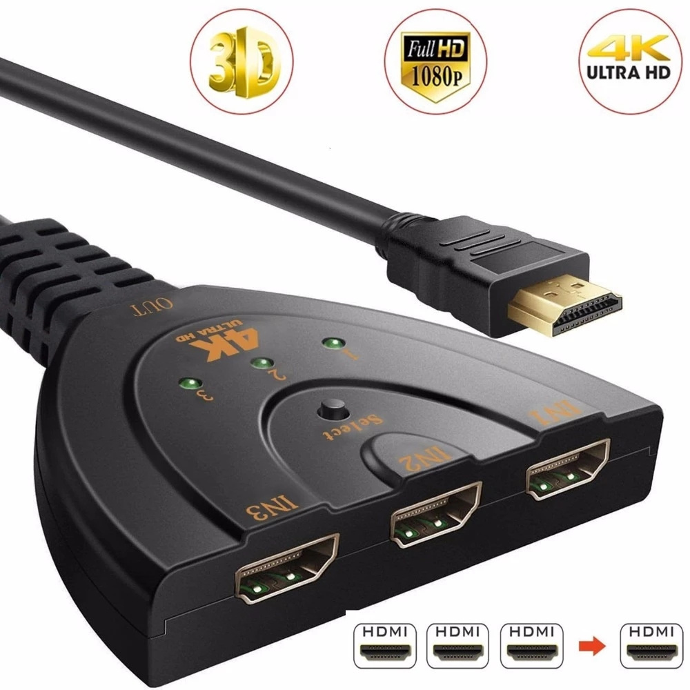 1JustLink New Pigtail 4k 3X1 HDMI Switch HDMI Cable switcher USB power cable support Ps4 3 in 1 out Port Hub HDMI AUTO Switch