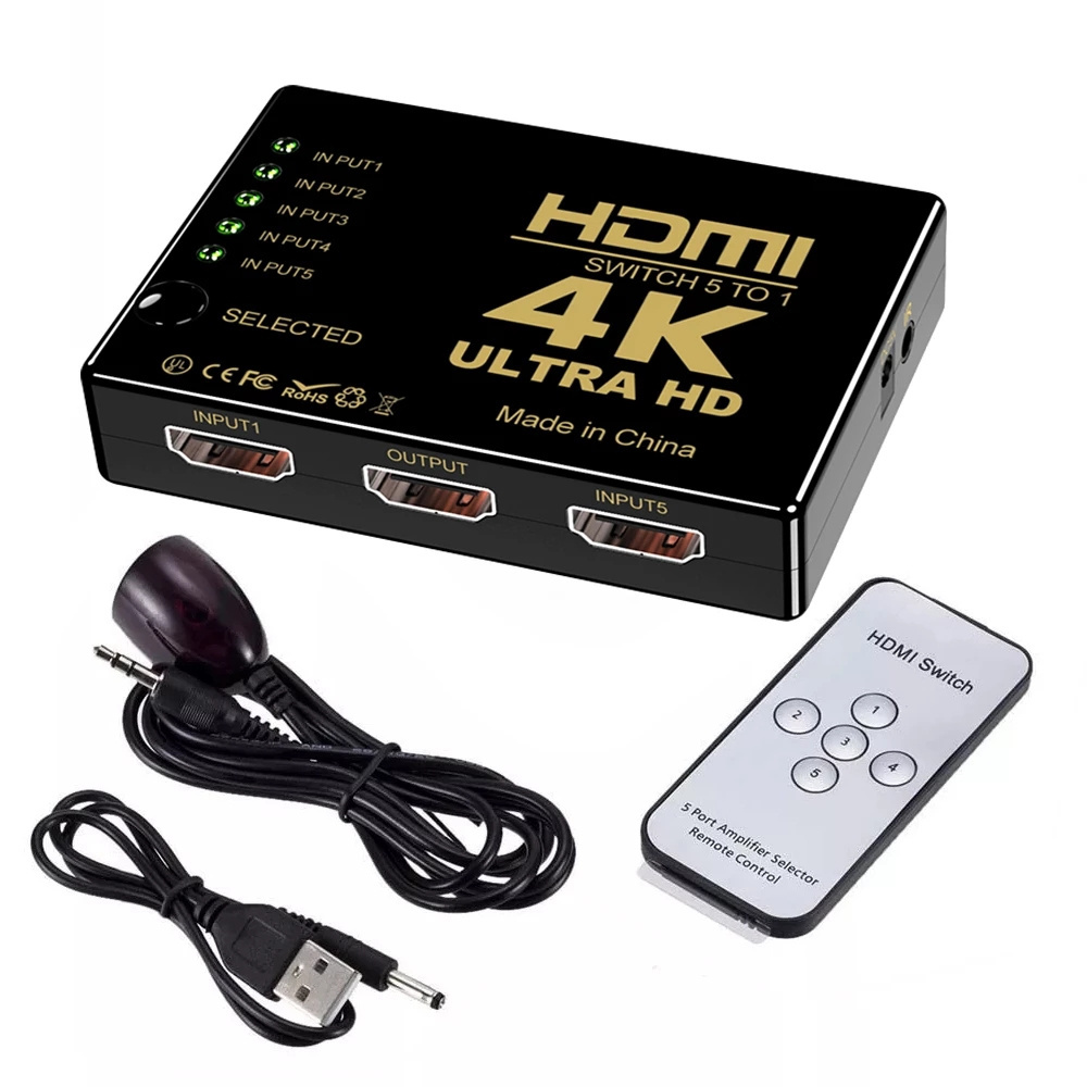 OEM  HDMI switcher 5 Port 5x1 HDMI Switch 5 in 1 out IR Remote with Full 3D and 4Kx2K for HDTV DVD STB PS4 PC