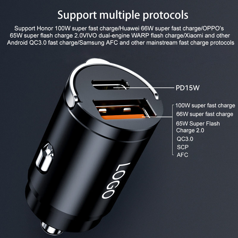 New arrival Dual ports metal chargers Super fast charging usb metal 100W Car charger QC3.0 car charger PD 15w mini car charge