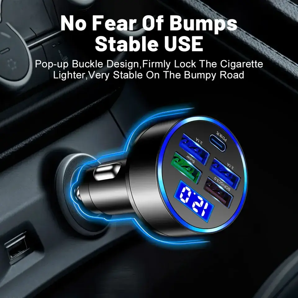 New Arrivals Car charger with LED digital display 33W 5 in 1 Quick Adapter 4 USB Port Type C PD Car charging station charger