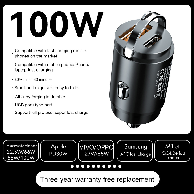 New arrival Dual ports metal chargers Super fast charging usb metal 100W Car charger QC3.0 car charger PD 15w mini car charge