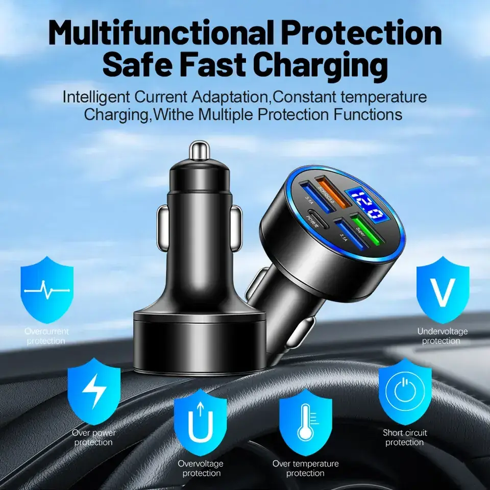 New Arrivals Car charger with LED digital display 33W 5 in 1 Quick Adapter 4 USB Port Type C PD Car charging station charger