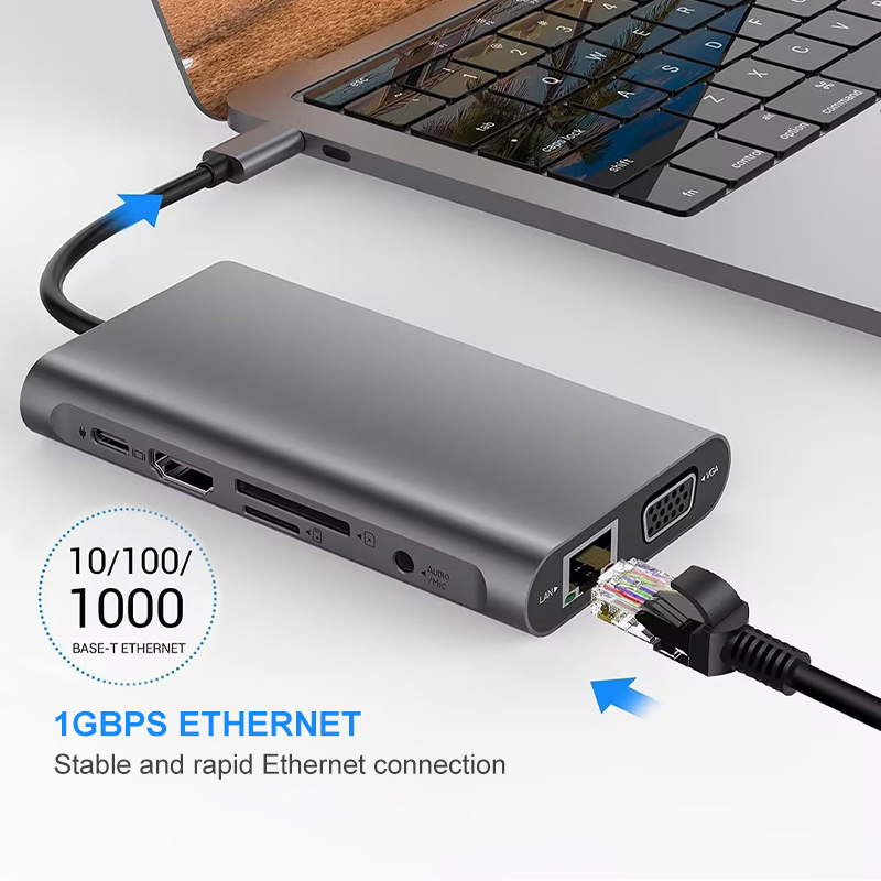 10 in 1 Hub Type C to HDMI  VGA Adapter RJ45 Lan Ethernet SD TF PD USB3.0 3.5mm Jack Audio Video USB c Hub Computer Accessories