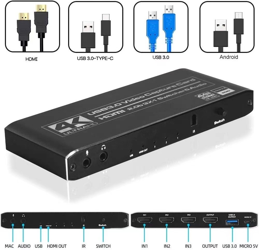 HDMI Switch  USB3.0 Capture Card 4k 60hz Input 3x1 USB3.0 Capture/ HDMI Switch 4K 30hz Output Support HDCP2.2