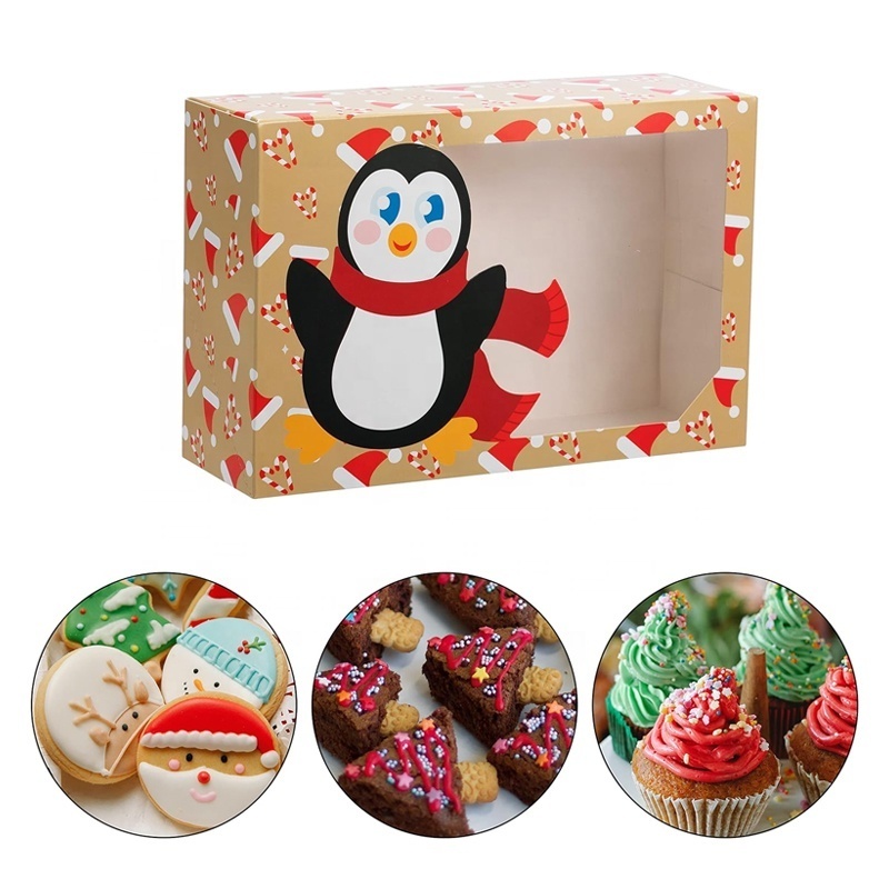 Holiday Party Favor Pastries Cupcakes Cookie Donuts Bakery Food Packaging Boxes with Window Kraft Recyclable Christmas Accept