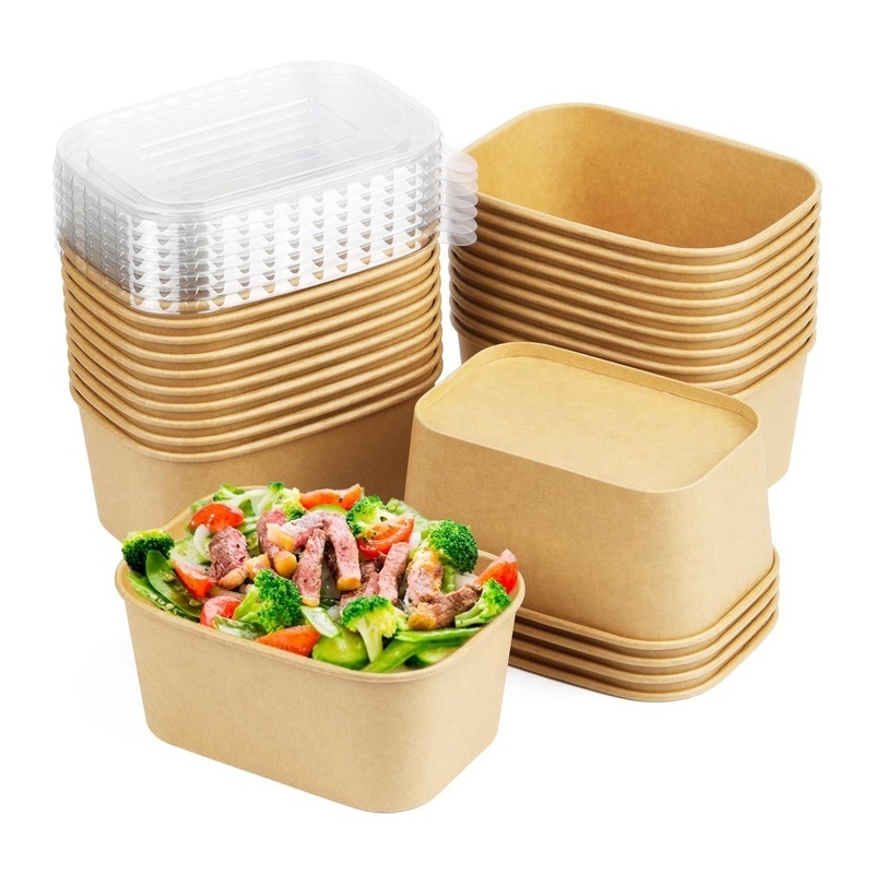 eco friendly customization logo Disposable Biodegradable Square Rectangle Takeaway salad food packaging paper bowl with lid