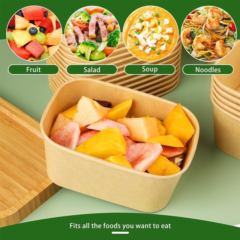 eco friendly customization logo Disposable Biodegradable Square Rectangle Takeaway salad food packaging paper bowl with lid