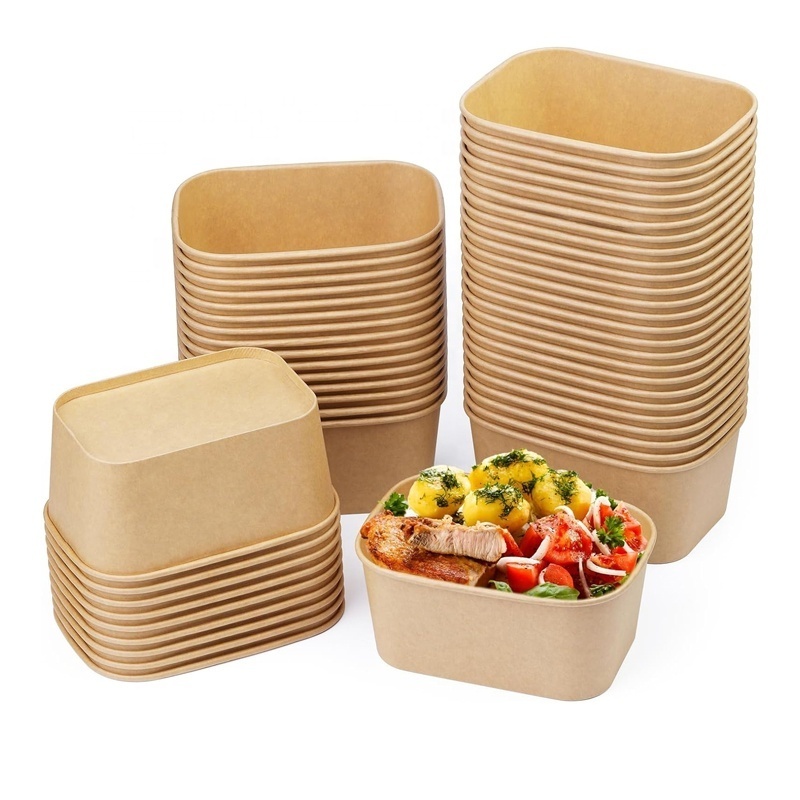 eco friendly customization logo Disposable Biodegradable Square Rectangle Takeaway salad food packaging paper bowl with lid