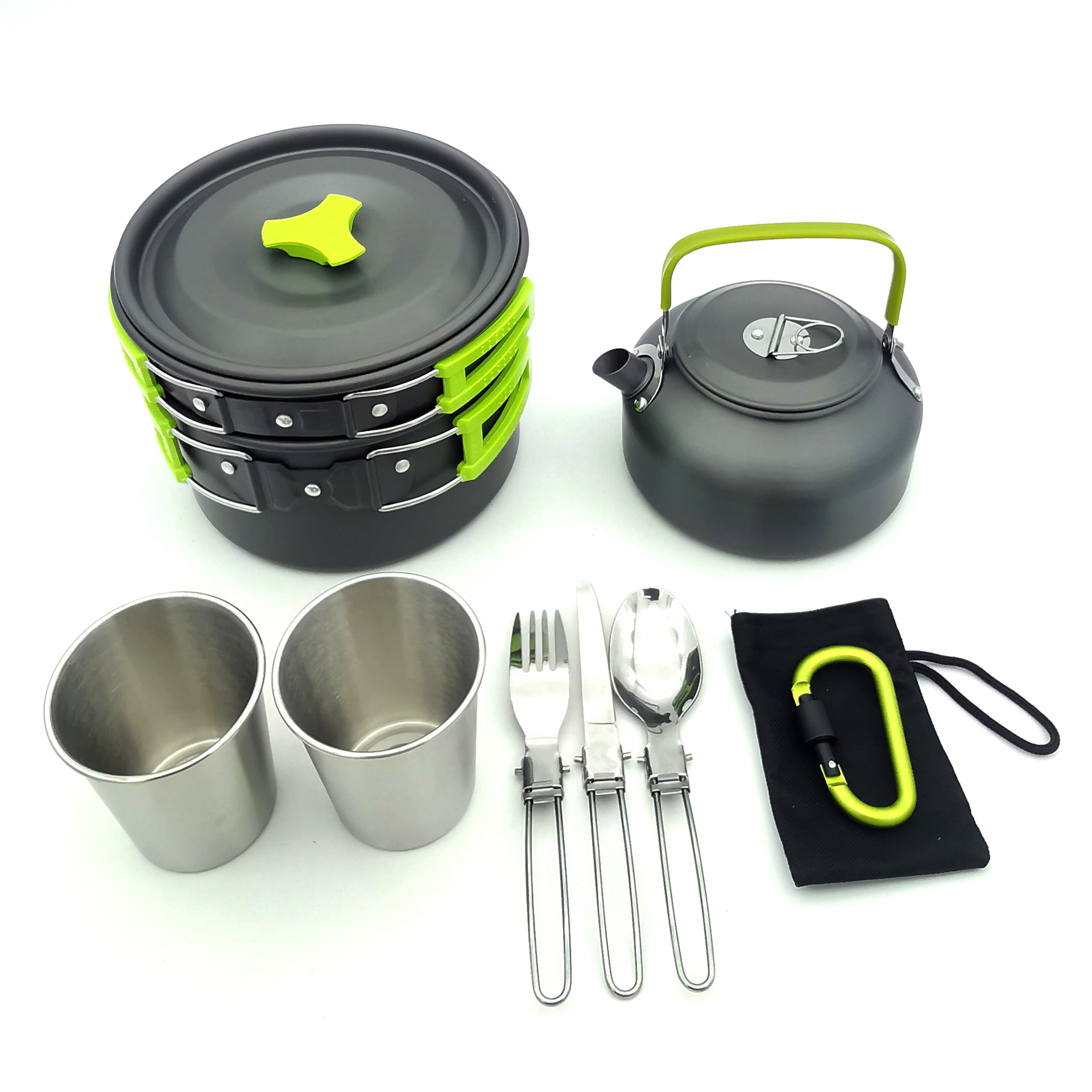 Lightweight Non-Stick Camping Cookware Set 1L Pot Pan Kettle with Stainless Steel Cups and Folding Stove