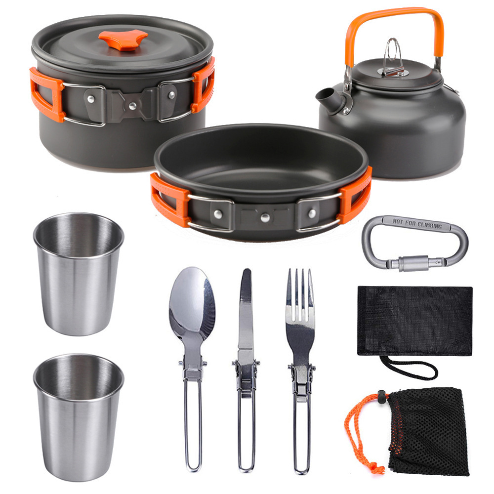 Lightweight Non-Stick Camping Cookware Set 1L Pot Pan Kettle with Stainless Steel Cups and Folding Stove