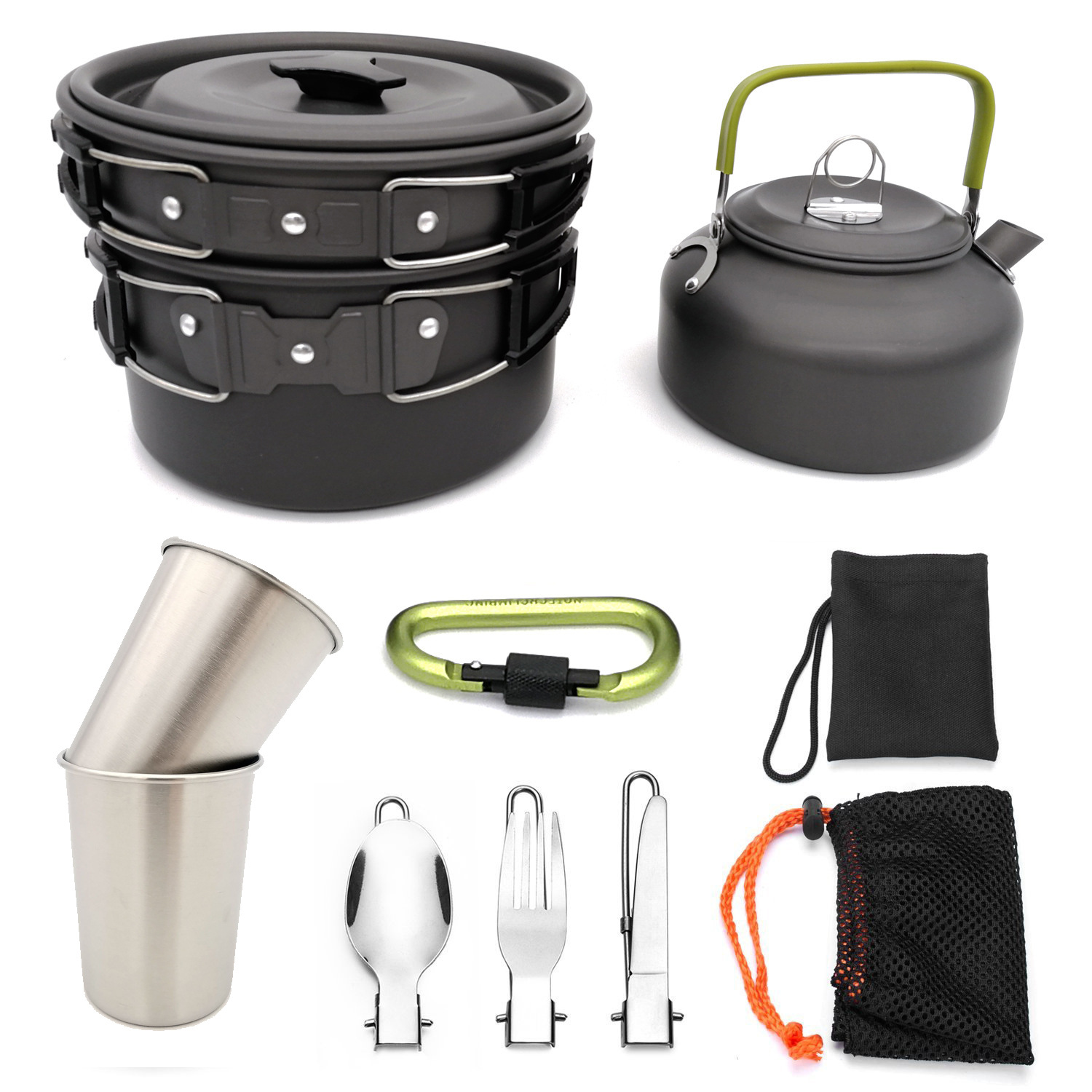 Lightweight Non-Stick Camping Cookware Set 1L Pot Pan Kettle with Stainless Steel Cups and Folding Stove