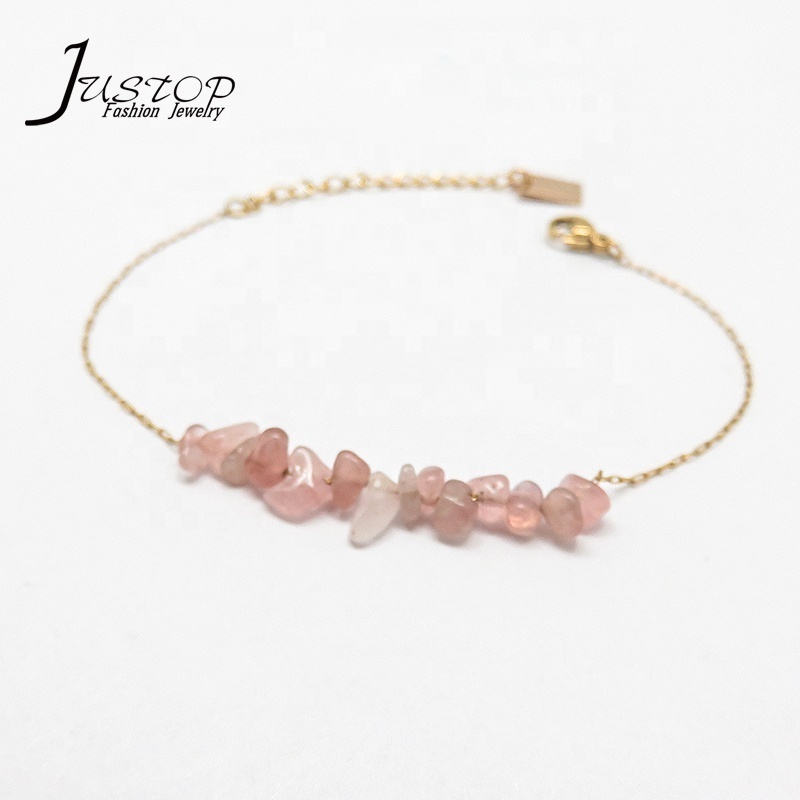 New Jewelry Stainless Steel 18K Thin Chain Rose Quartz Pink Broken Stone Bracelets