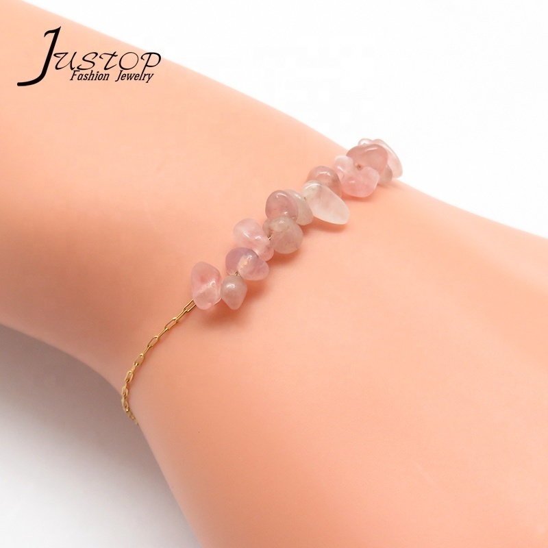 New Jewelry Stainless Steel 18K Thin Chain Rose Quartz Pink Broken Stone Bracelets