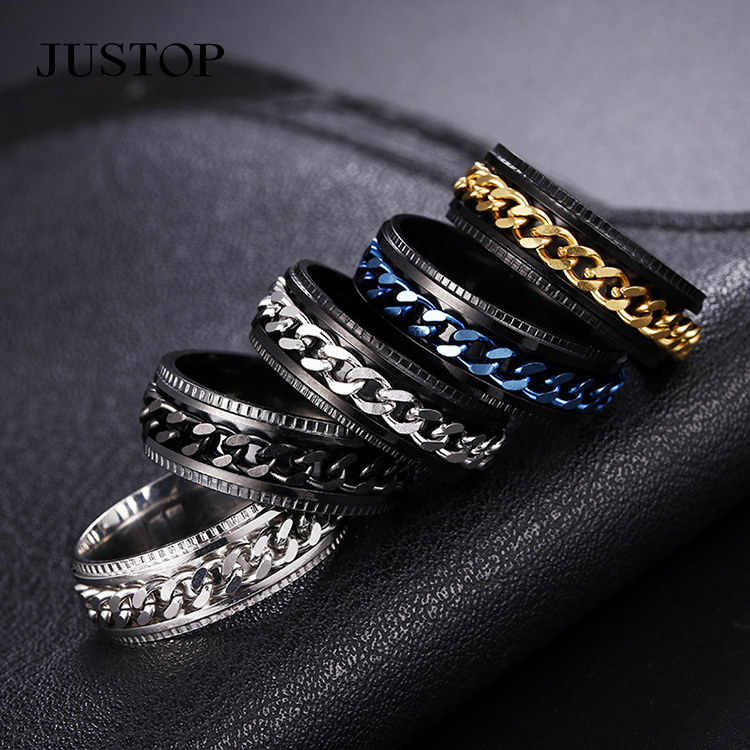 Titanium Stainless Steel Chain Spinner Ring For Men Blue Gold Black Punk Rock Rings Accessories Jewelry Gift