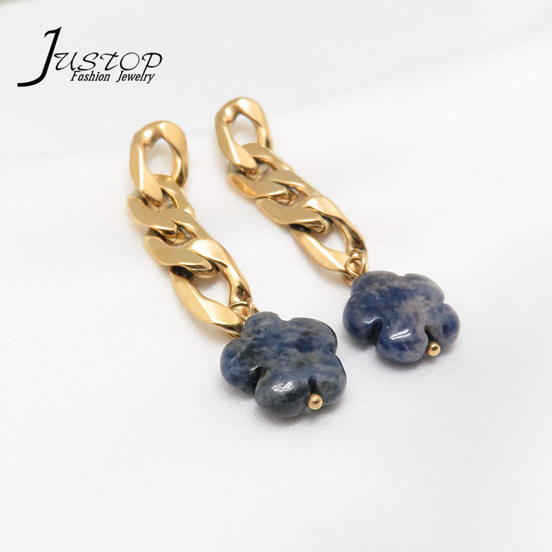 White Blue Stone Flower Pendant Design Sodalite Earrings With Gold Plated Cuba Chain