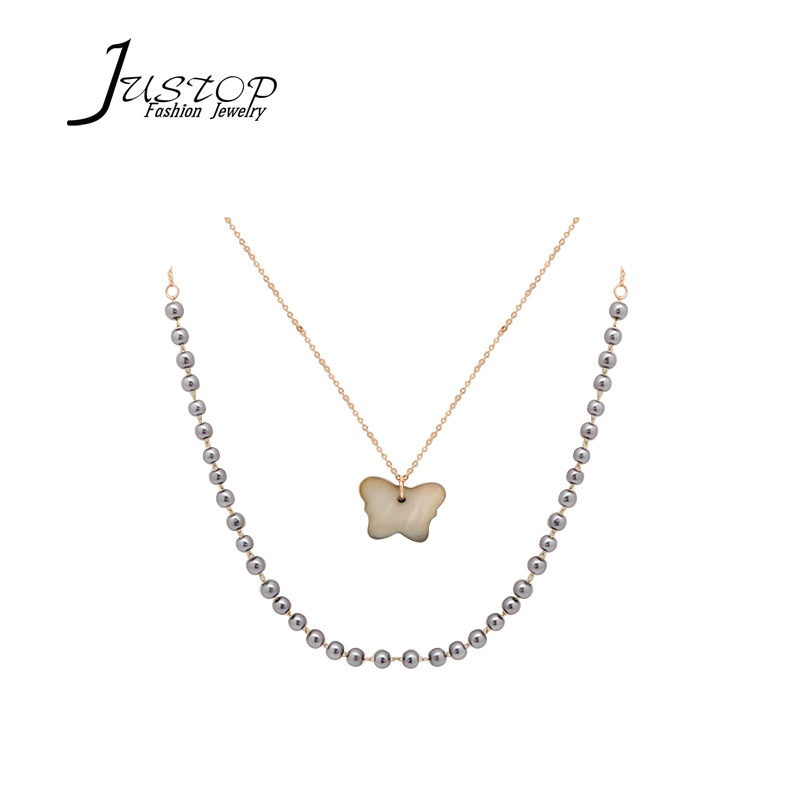 Double Layer Pearl Necklace Women Accessories New Pearl Chain Necklace For Women Butterfly Shape Shell Pendent Necklaces 2020