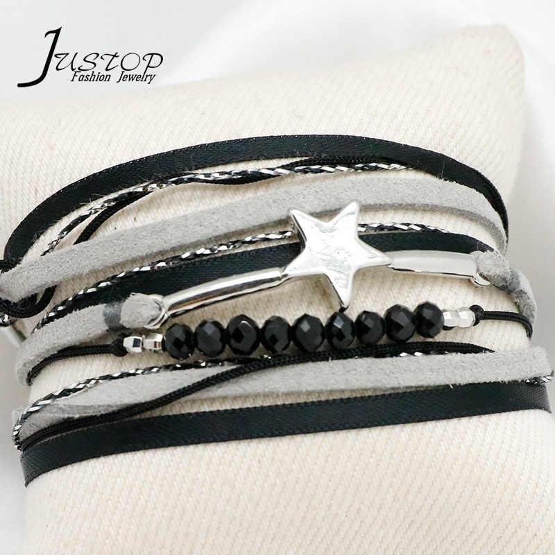 Women Bohemian Multilayer Leather Black Crystal Beads With Star Charm Bracelet