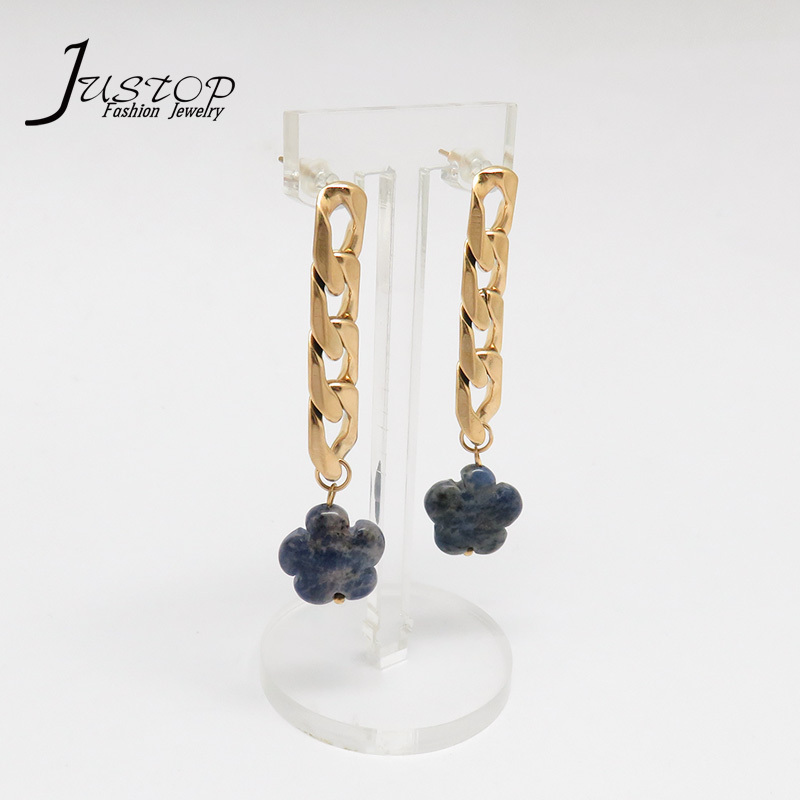 White Blue Stone Flower Pendant Design Sodalite Earrings With Gold Plated Cuba Chain