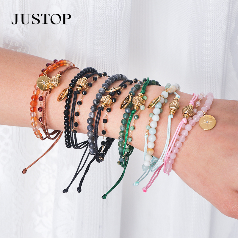 Classic Handmade Charm Woven Rope Adjustable Double Layer Stainless Steel Women Stone Beaded Bracelet Supplier