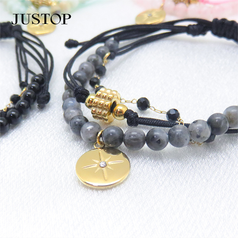 Classic Handmade Charm Woven Rope Adjustable Double Layer Stainless Steel Women Stone Beaded Bracelet Supplier