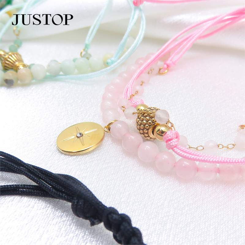 Classic Handmade Charm Woven Rope Adjustable Double Layer Stainless Steel Women Stone Beaded Bracelet Supplier