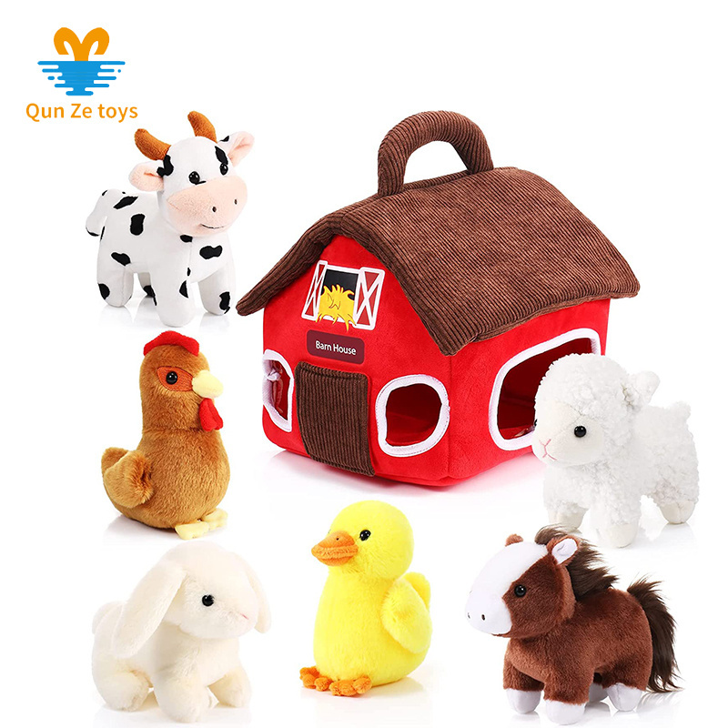 7 Pieces Plush Farm Animals Set Include Barn House Carrier 5 Inch Plush Stuffed Animals Cow Sheep Horses Farm Animals Kids Toys